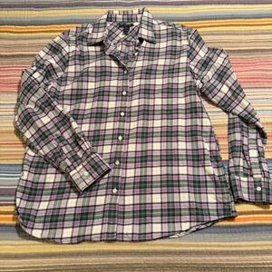 Lands End Womens Purple Green Plaid Flannel Button Down Shirt Cotton L 14-16